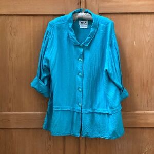 FLAX Cozy Cardigan top in Aquatic 100% linen sz L